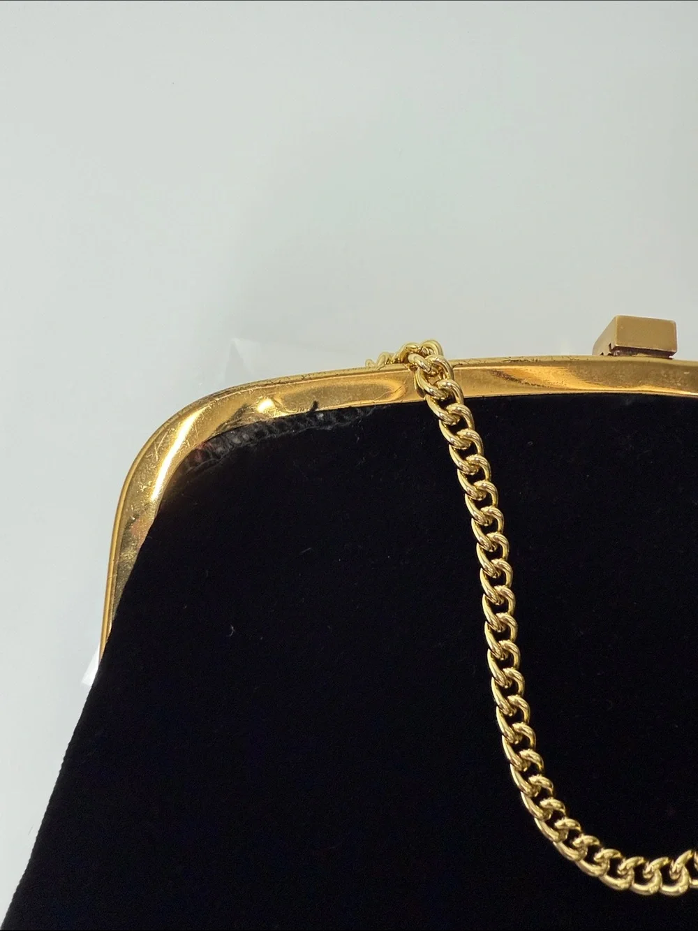Vintage 1950s Black Velvet Bag Gold Chain Clasp Purse Mid Century